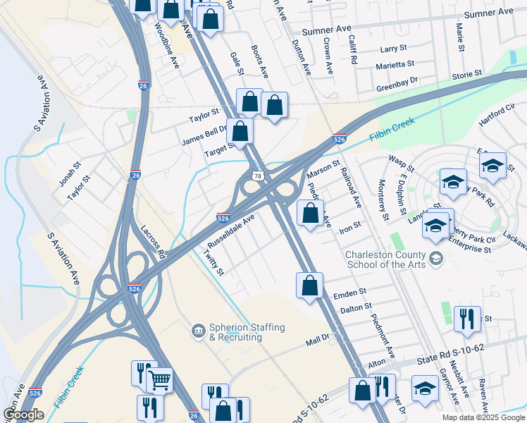 map of restaurants, bars, coffee shops, grocery stores, and more near 5124 Willis Drive in North Charleston