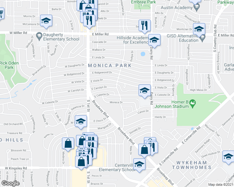 map of restaurants, bars, coffee shops, grocery stores, and more near 2517 Cumberland Drive in Garland