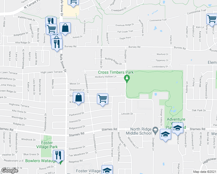map of restaurants, bars, coffee shops, grocery stores, and more near 6849 Dogwood Ct in North Richland Hills