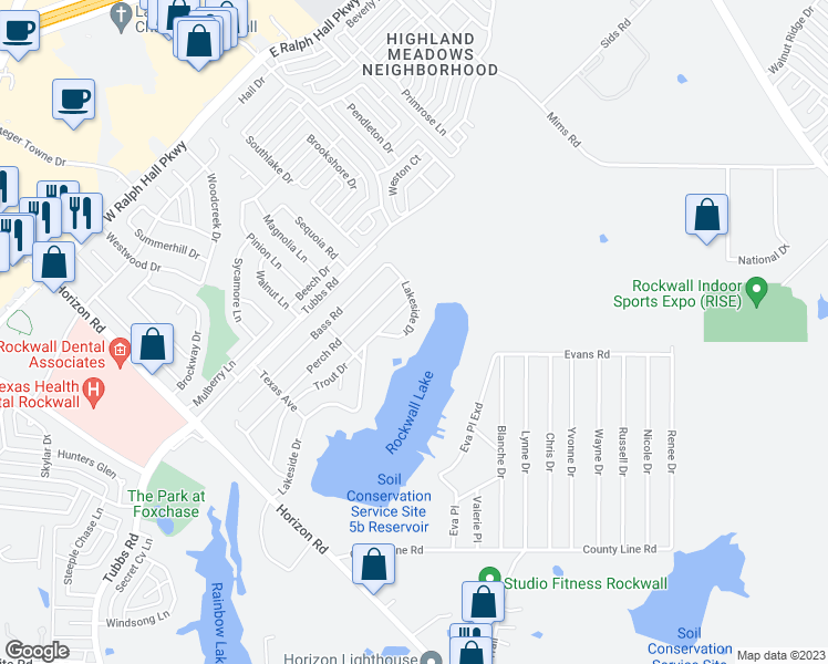 map of restaurants, bars, coffee shops, grocery stores, and more near 801 Lakeside Drive in Rockwall