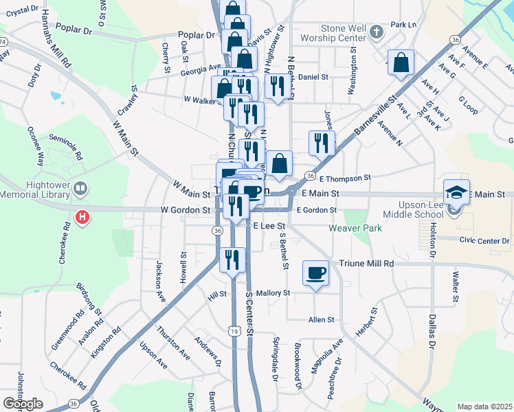 map of restaurants, bars, coffee shops, grocery stores, and more near 103 East Gordon Street in Thomaston