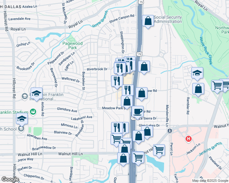 map of restaurants, bars, coffee shops, grocery stores, and more near 10404 High Hollows Drive in Dallas