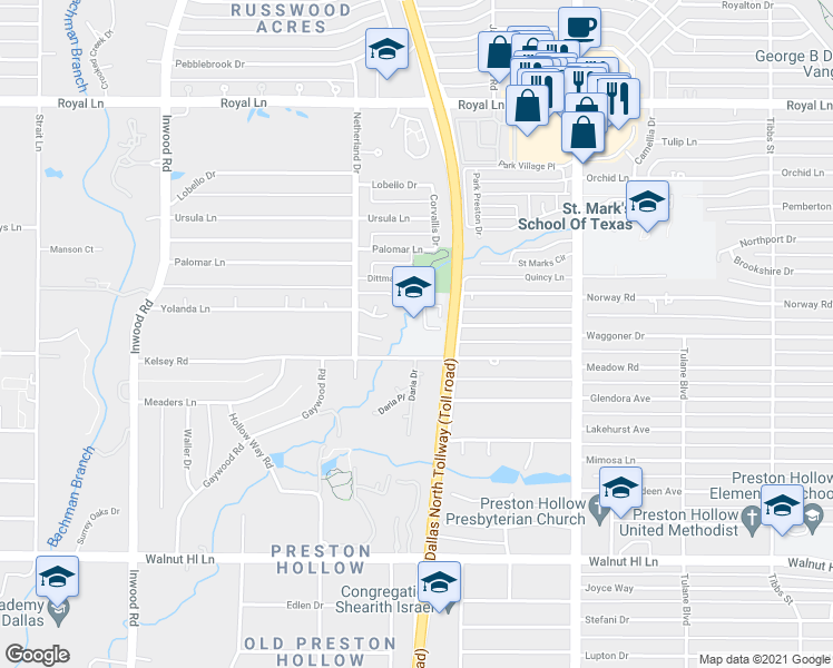 map of restaurants, bars, coffee shops, grocery stores, and more near 5715 Meaders Lane in Dallas
