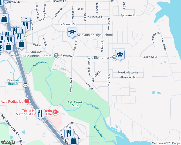 map of restaurants, bars, coffee shops, grocery stores, and more near 1029 Oak Ridge Drive in Azle