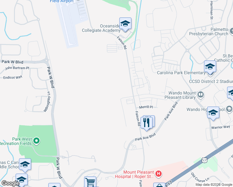 map of restaurants, bars, coffee shops, grocery stores, and more near Faison Road in Mount Pleasant