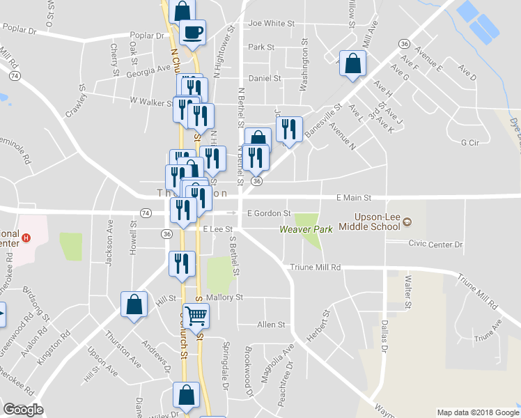 map of restaurants, bars, coffee shops, grocery stores, and more near 315 East Gordon Street in Thomaston