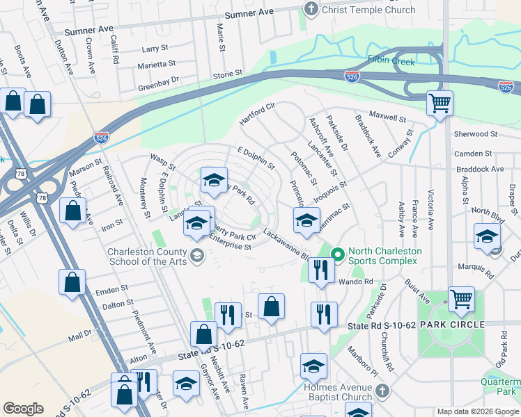 map of restaurants, bars, coffee shops, grocery stores, and more near 5173 East Liberty Park Circle in North Charleston