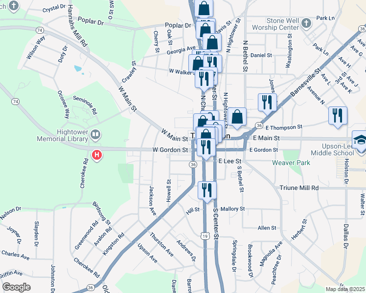 map of restaurants, bars, coffee shops, grocery stores, and more near 300 West Gordon Street in Thomaston