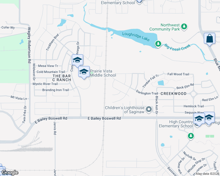 map of restaurants, bars, coffee shops, grocery stores, and more near 124 Black Alder Drive in Fort Worth