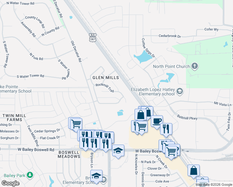 map of restaurants, bars, coffee shops, grocery stores, and more near 4417 Rockmill Trail in Fort Worth