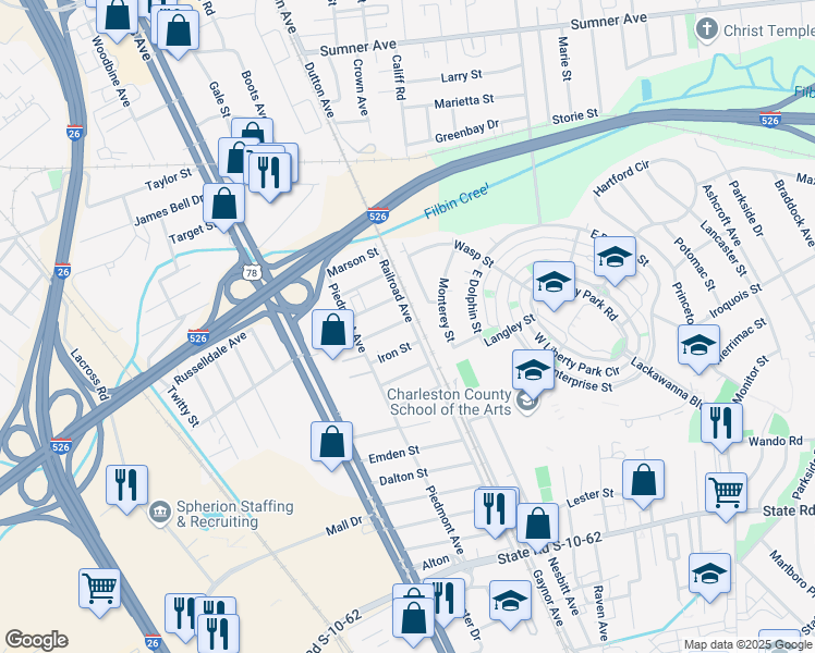 map of restaurants, bars, coffee shops, grocery stores, and more near 1901 Jason St in North Charleston