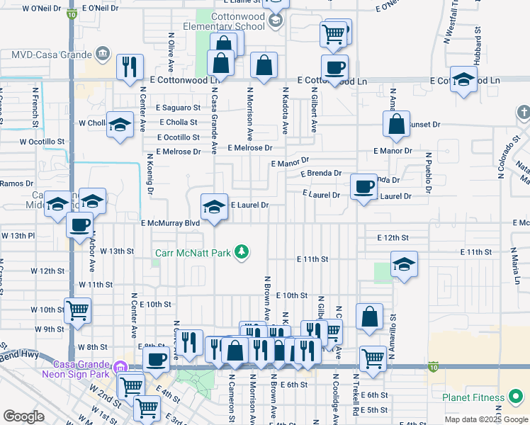 map of restaurants, bars, coffee shops, grocery stores, and more near 1409 North Brown Avenue in Casa Grande