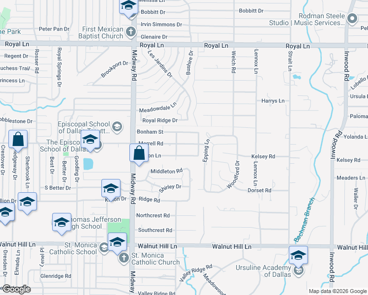 map of restaurants, bars, coffee shops, grocery stores, and more near 4414 Merrell Road in Dallas