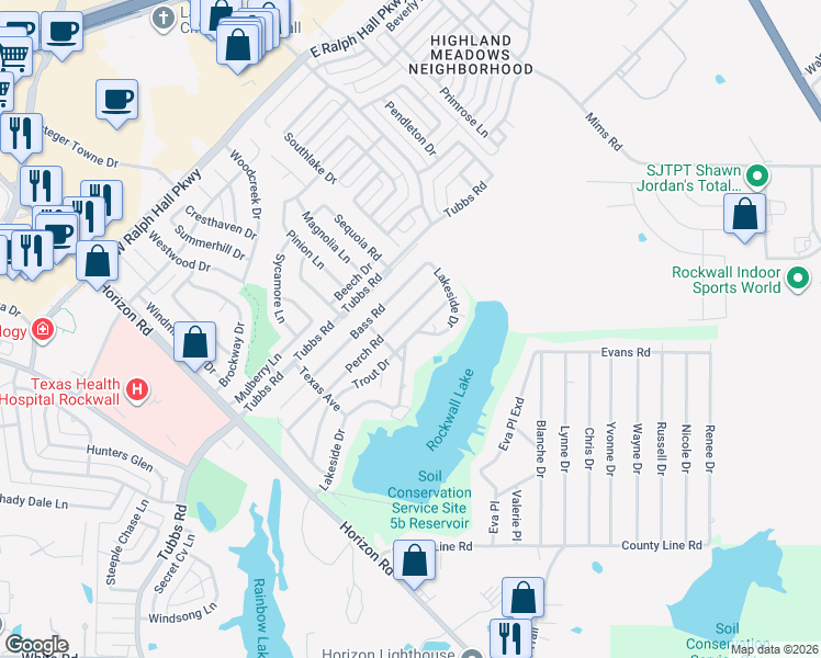 map of restaurants, bars, coffee shops, grocery stores, and more near 524 Trout Street in Rockwall