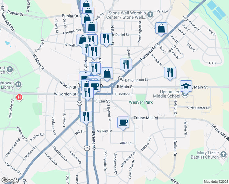 map of restaurants, bars, coffee shops, grocery stores, and more near 315 East Gordon Street in Thomaston
