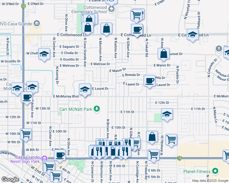 map of restaurants, bars, coffee shops, grocery stores, and more near 1409 North Kadota Avenue in Casa Grande
