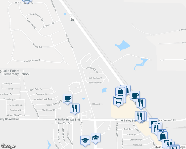 map of restaurants, bars, coffee shops, grocery stores, and more near 4541 Grainland Court in Fort Worth