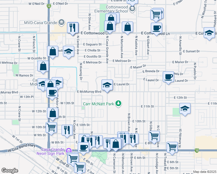 map of restaurants, bars, coffee shops, grocery stores, and more near 1410 North Casa Grande Avenue in Casa Grande