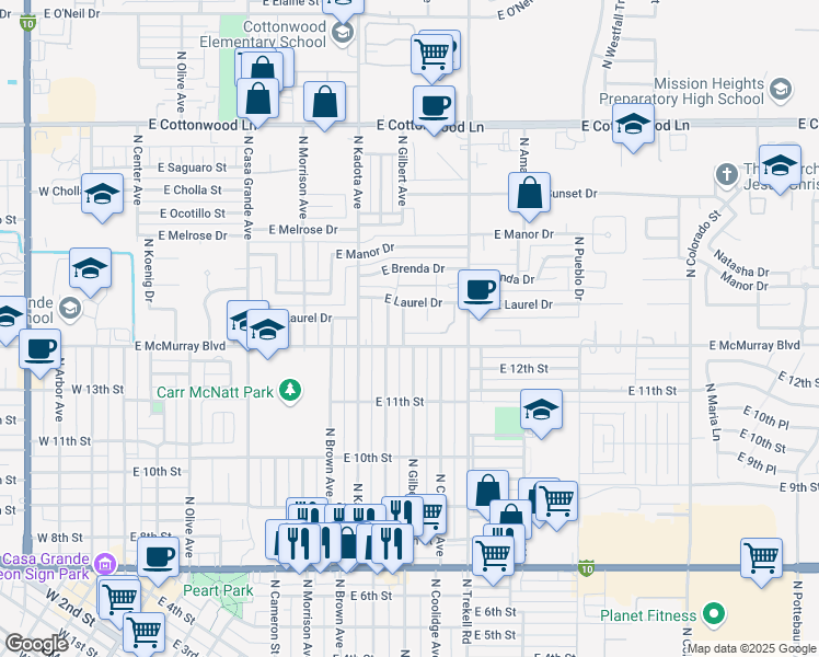 map of restaurants, bars, coffee shops, grocery stores, and more near 738 East Pepper Drive in Casa Grande