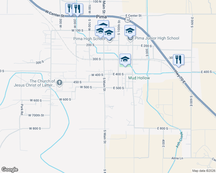 map of restaurants, bars, coffee shops, grocery stores, and more near 483 South Main Street in Pima