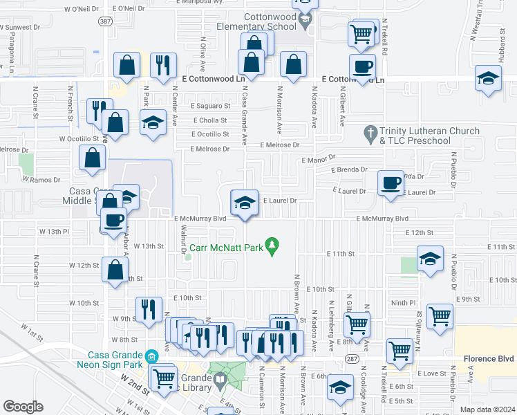 map of restaurants, bars, coffee shops, grocery stores, and more near 1409 North Cameron Street in Casa Grande