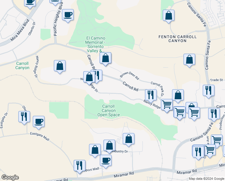 map of restaurants, bars, coffee shops, grocery stores, and more near 6520 Nancy Ridge Drive in San Diego