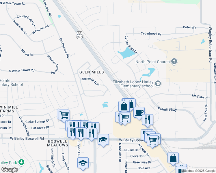 map of restaurants, bars, coffee shops, grocery stores, and more near 4340 Rockmill Trail in Fort Worth