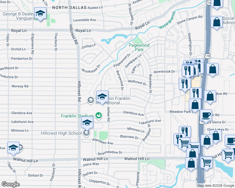 map of restaurants, bars, coffee shops, grocery stores, and more near 7131 Meadow Road in Dallas