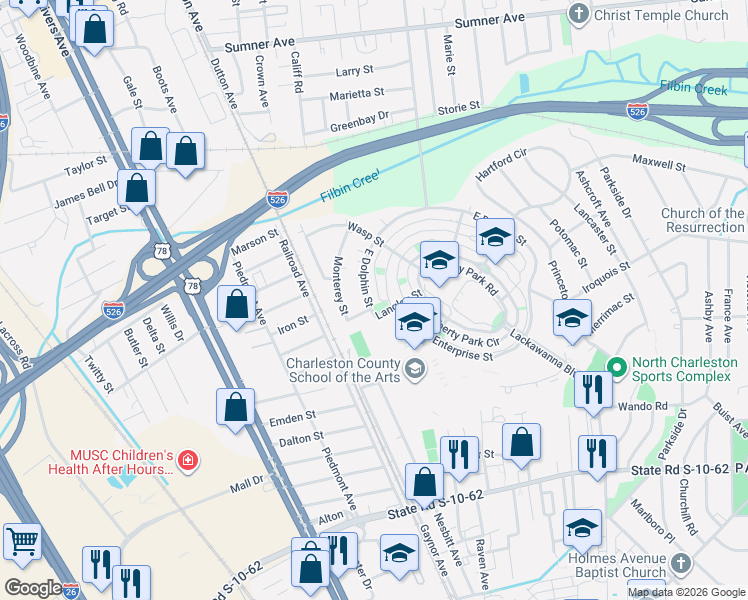 map of restaurants, bars, coffee shops, grocery stores, and more near 5102 West Dolphin Street in North Charleston
