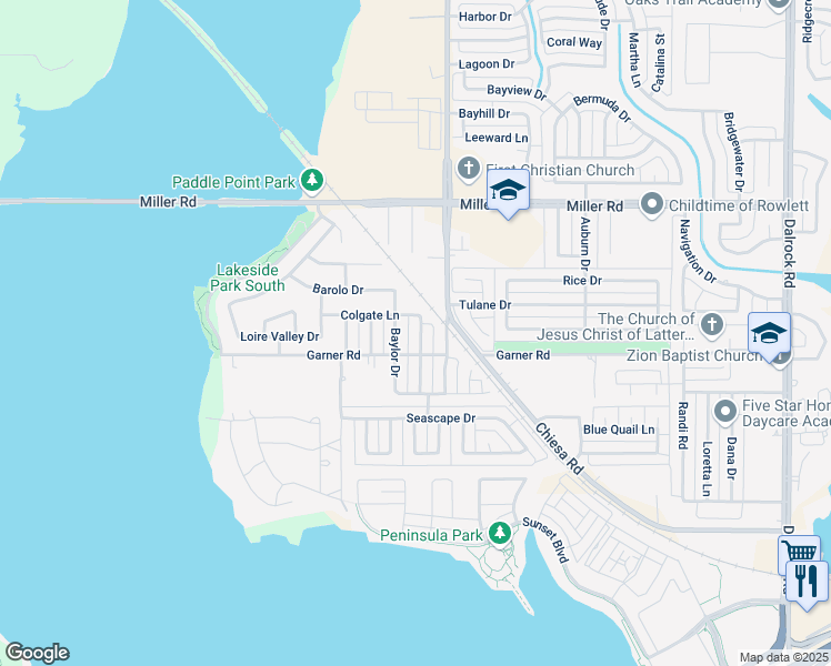 map of restaurants, bars, coffee shops, grocery stores, and more near 2713 College Park Drive in Rowlett