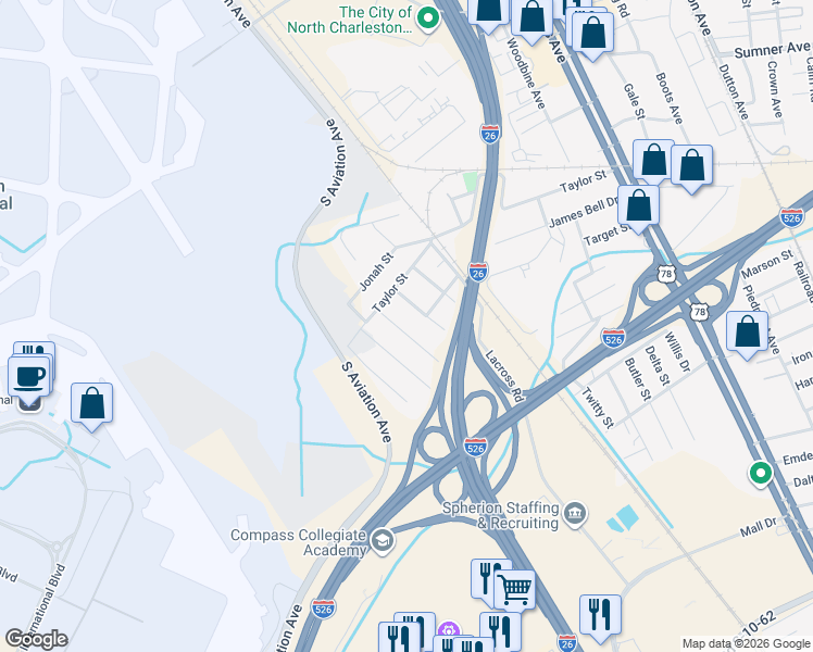 map of restaurants, bars, coffee shops, grocery stores, and more near 5308 Good Street in North Charleston