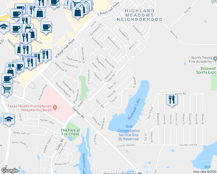 map of restaurants, bars, coffee shops, grocery stores, and more near 388 Bass Road in Rockwall