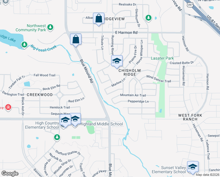 map of restaurants, bars, coffee shops, grocery stores, and more near 1012 Marlow Lane in Fort Worth