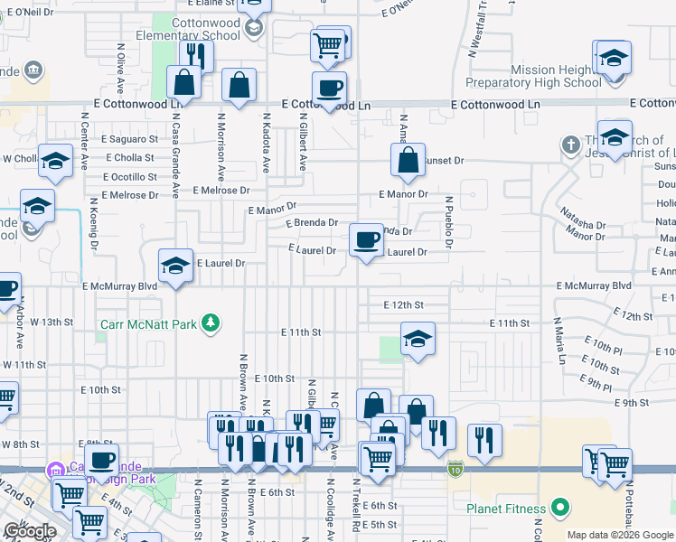 map of restaurants, bars, coffee shops, grocery stores, and more near 770 East Pepper Drive in Casa Grande