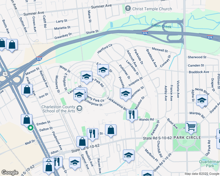 map of restaurants, bars, coffee shops, grocery stores, and more near 5173 East Liberty Park Circle in North Charleston