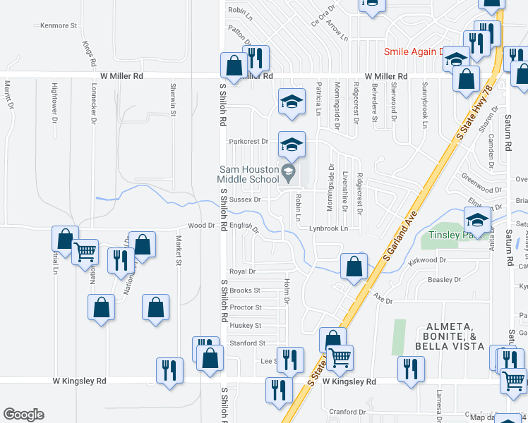 map of restaurants, bars, coffee shops, grocery stores, and more near 2501 Newcastle Drive in Garland