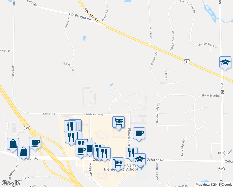 map of restaurants, bars, coffee shops, grocery stores, and more near 343 Plantation Way in Macon