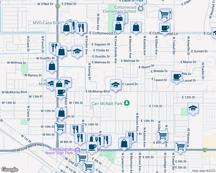 map of restaurants, bars, coffee shops, grocery stores, and more near 318 East Paseo De Paula in Casa Grande