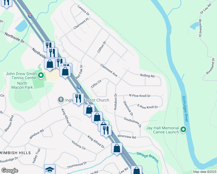 map of restaurants, bars, coffee shops, grocery stores, and more near 3081 Tiffin Circle in Macon