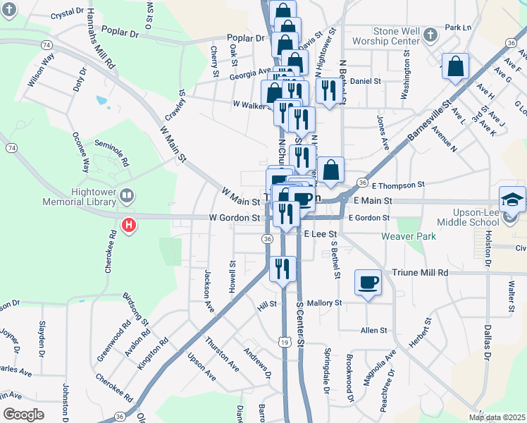 map of restaurants, bars, coffee shops, grocery stores, and more near 300 West Gordon Street in Thomaston