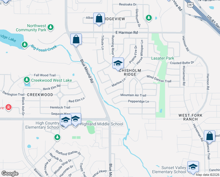 map of restaurants, bars, coffee shops, grocery stores, and more near 1012 Marlow Lane in Fort Worth