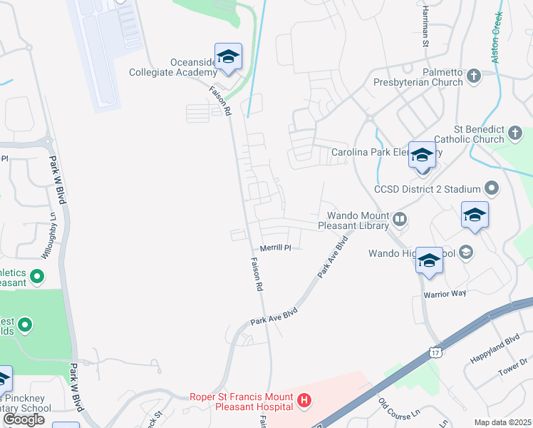 map of restaurants, bars, coffee shops, grocery stores, and more near Faison Road in Mount Pleasant