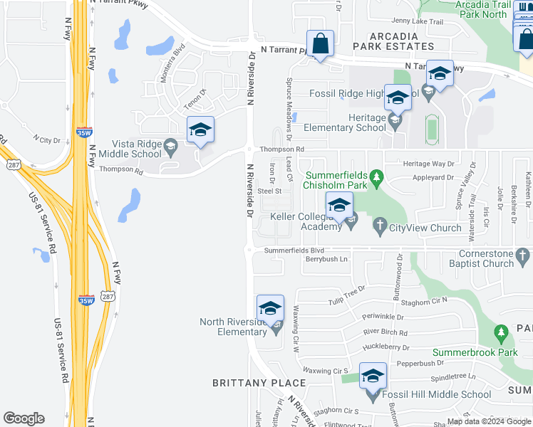 map of restaurants, bars, coffee shops, grocery stores, and more near Lead Circle in Fort Worth