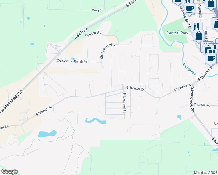 map of restaurants, bars, coffee shops, grocery stores, and more near 626 South Stewart Street in Azle