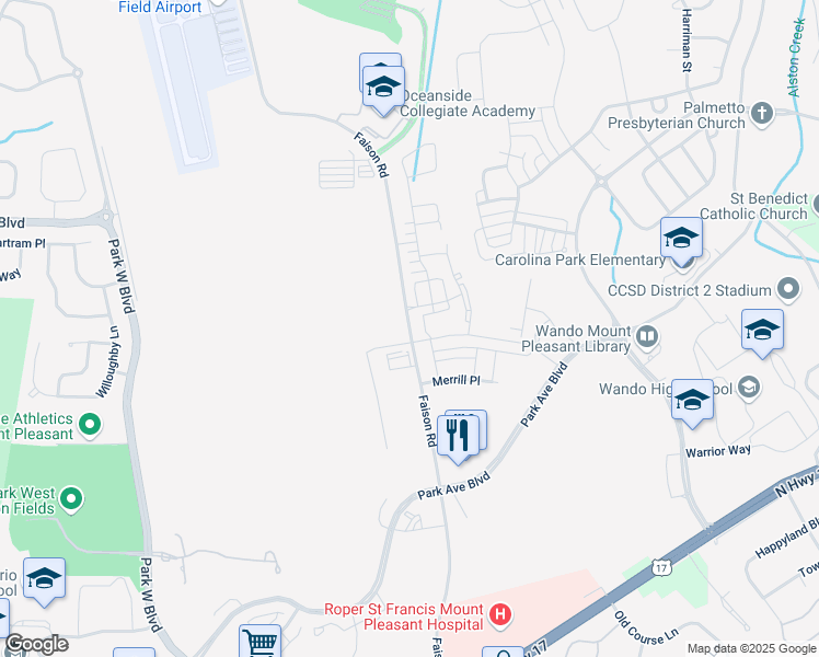 map of restaurants, bars, coffee shops, grocery stores, and more near Faison Road in Mount Pleasant