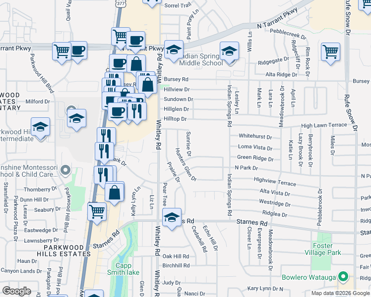 map of restaurants, bars, coffee shops, grocery stores, and more near 7913 Sunrise Drive in Watauga