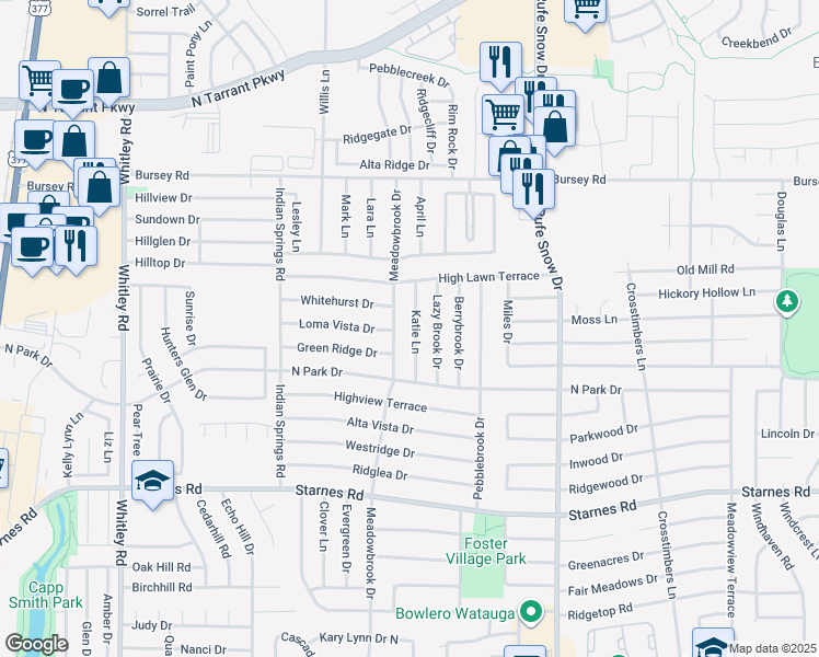map of restaurants, bars, coffee shops, grocery stores, and more near 8001 Katie Lane in Watauga