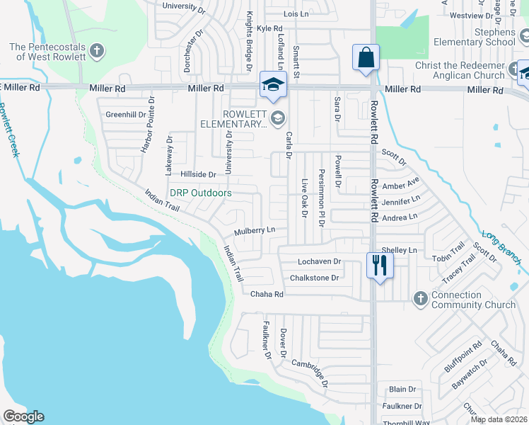 map of restaurants, bars, coffee shops, grocery stores, and more near 2702 Dove Creek Drive in Rowlett
