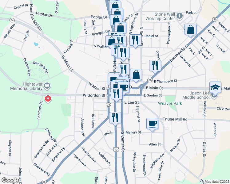 map of restaurants, bars, coffee shops, grocery stores, and more near 148 South Church Street in Thomaston