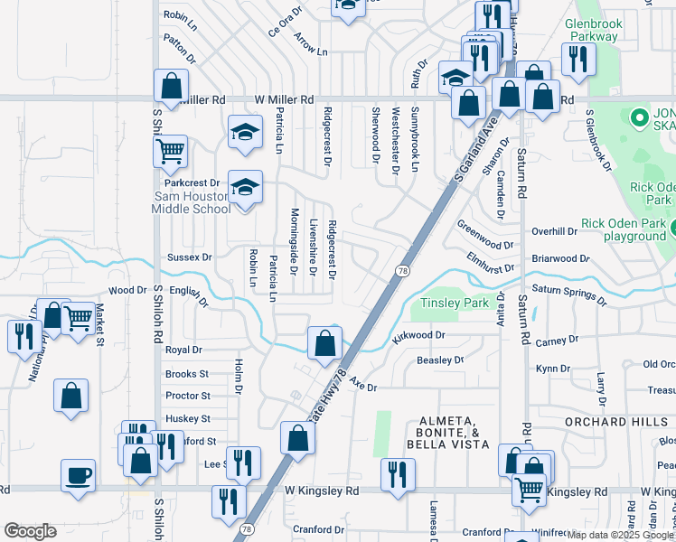 map of restaurants, bars, coffee shops, grocery stores, and more near 2522 Ridgecrest Drive in Garland